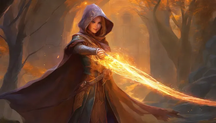 A Western medieval ancient female mage，A female mage in a brown cloak is releasing an arc，The hood covers the face and cannot see clearly，（An electric arc around the hand：1.3），poised to strike，imposing，（Thunder magic），（The arc was released from the female ...