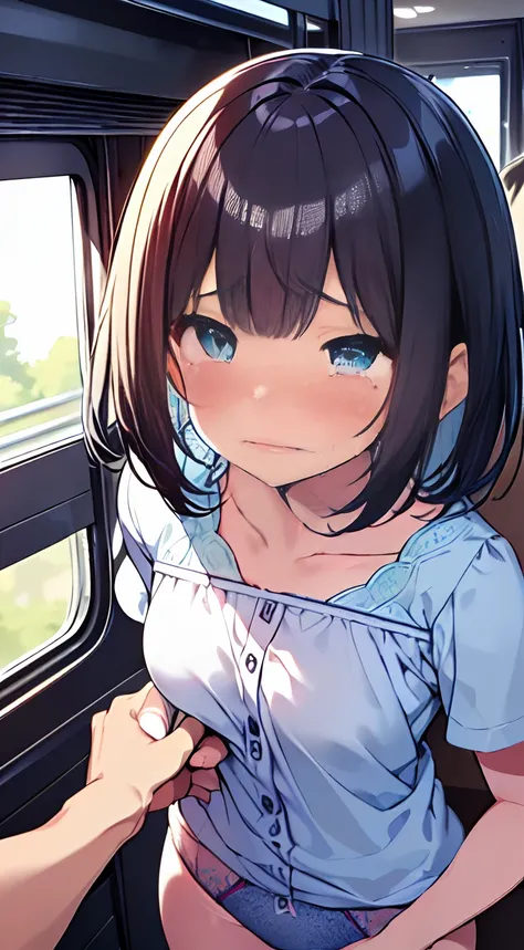 masutepiece, Best Quality,Illustration, Wallpaper, Ultra Detail,  Little Face Girl、(((molesting)))、Beautiful detailed eyes, Medium Short-Cut Hair, (fear:1.5)、(Teary-eyed:1.5)、Dark hair color、(((Cute light blue underwear)))、(校服)、ample breasts、((Morester))、i...