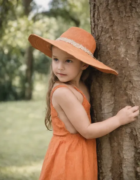 child in hat and orange dress leaning against a tree, in the style of mayan art and architecture, happycore, botanical abundance, mottled, joyful and optimistic, konica big mini, organic  --ar 2:3 --v 5