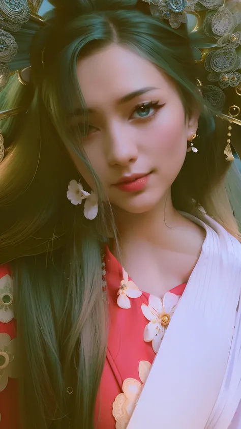 (((ultra detailed background, delicate pattern, intricate detail, highly detailed, fine details))), best quality, ((medium breasts, slim girl)), KozukiHiyori, 1girl, solo, hair ornament, closed mouth, hair flower, japanese clothes, makeup, kimono, lipstick...