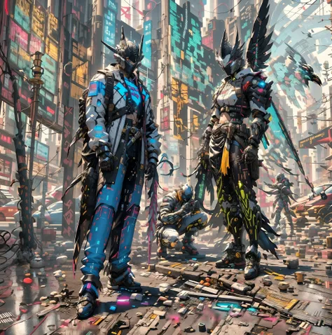 there is a man in a blue outfit with a backpack, cyberpunk streetwear, cyberpunk suit, cyberpunk street goon, cyberpunk wearing, cyberpunk techwear, muted cyberpunk style, has cyberpunk style, style of cyberpunk, wearing cyberpunk streetwear, cyberpunk sol...