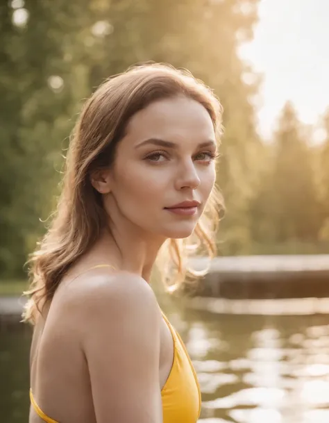 woman sunbathing with a retro yellow swimsuit, on a dock at the lake shore, sun from the front, high angle shot, close up of the woman, bokeh style, high quality photo