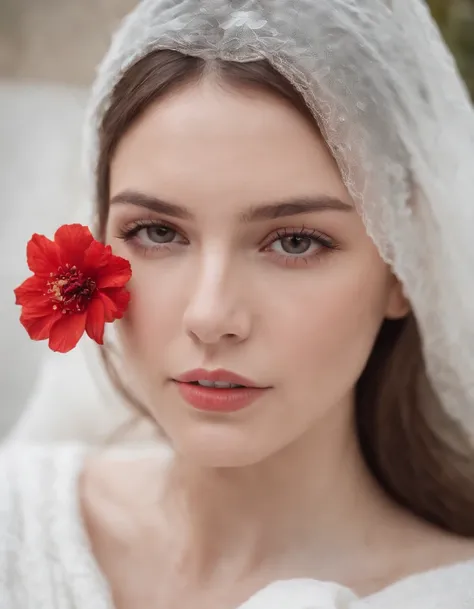 woman with a white blanket blouse, hair painted white, with a red flower in front of her covering one eye and part of her face, natural sunlight, close up framing her face, light colors, bokeh style, in the style of ultrafine detail, high quality photo