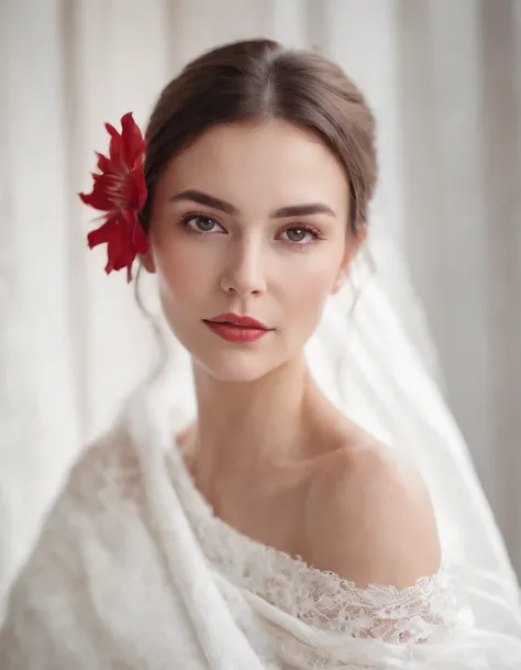 woman with a white blanket blouse, hair painted white, with a red flower in front of her covering one eye and part of her face, natural sunlight, close up framing her face, light colors, bokeh style, in the style of ultrafine detail, high quality photo