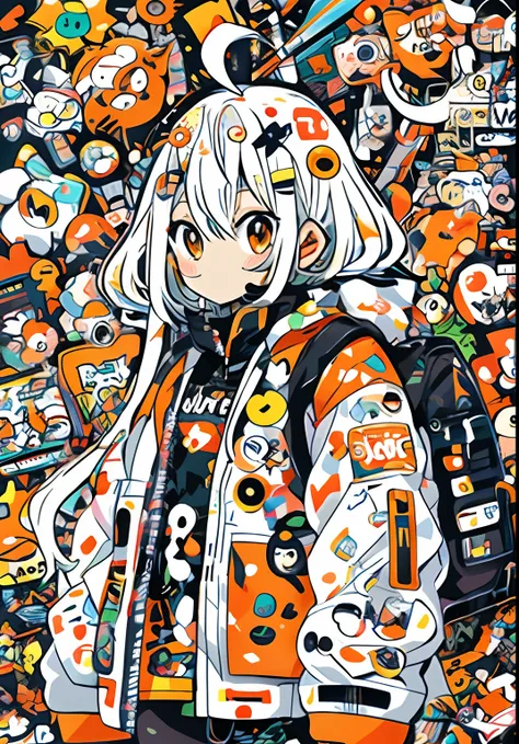 anime girl with orange and white jacket and black jacket surrounded by stickers, anime mecha aesthetics, anime style 4 k, anime ...