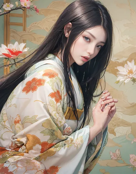 (Beautiful model in Japanese kimono commercial, beautiful straight long black hair), solo, ((face is 80% beauty and elegance, 20% pretty and cute:1.5)), (She is a half Eastern European and half Asian model), clear eyes, (detailed eyes, light green eyes, br...