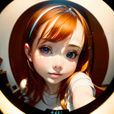 Delicate beautiful CG artwork),(Best Quality, Ultra-detailed, High resolution),(natural soft light),独奏,(Beautiful face), (((Girl looking through a fisheye lens:1.3、Detailed calculation background)))、blured background:1.5