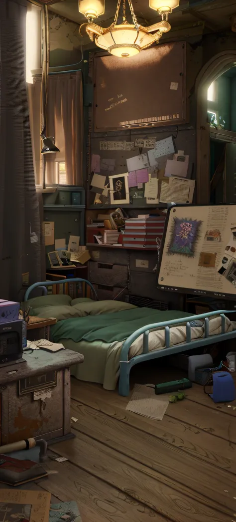 there is a room with a bed, a desk, and a lamp, personal room background, highly realistic concept art, cyberpunk teenager bedroom, bedroom in studio ghibli, photorealistic room, cyberpunk childrens bedroom, Interior of the post-apocalyptic room, by senior...