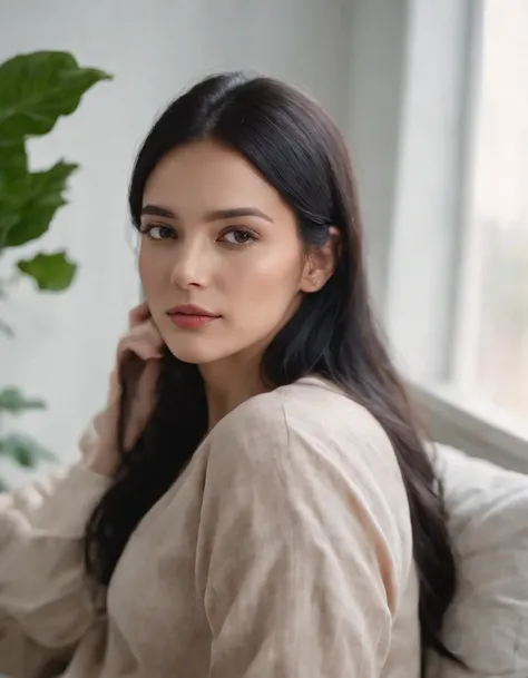 woman sitting long black hair, woman dressed in comfortable clothes on her room , window background, plants, natural lighting, cloudy day, side shot, half length shot, high quality photo.