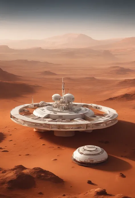 Spacecraft and space station on the surface of Mars，Mars base, Mars City, Martian colony, Mars City,  megastructure in the background, sci - fi setting, Colonies on Mars, 3 d render of a scifi spaceport, sci - fi setting, scifi base, sci - fi setting，Reali...