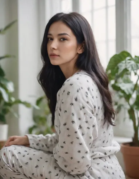 woman sitting long black hair, woman dressed in Pajamas clothes on her room , window background, plants, natural lighting, cloudy day, side shot, half length shot, high quality photo.