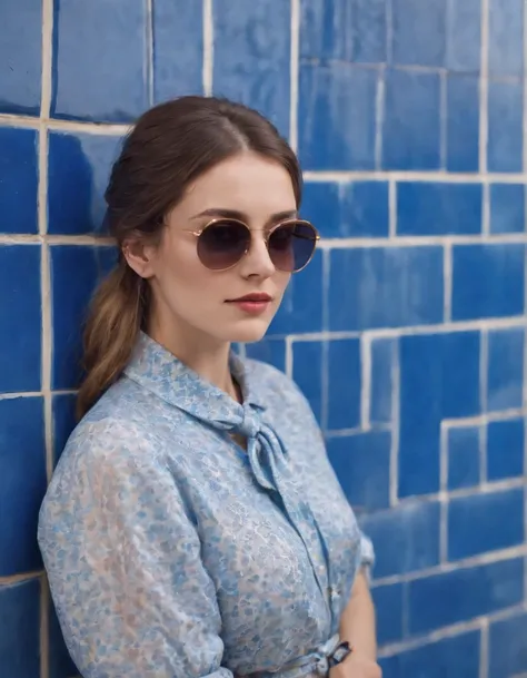 young woman dressed from the 80s, casual mood, sunglasses, blouse tied in front, leaning against blue tiled wall, sunny day, half length shot, vibrant colors