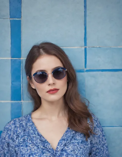 young woman dressed from the 80s, casual mood, sunglasses, blouse tied in front, leaning against blue tiled wall, sunny day, half length shot, vibrant colors