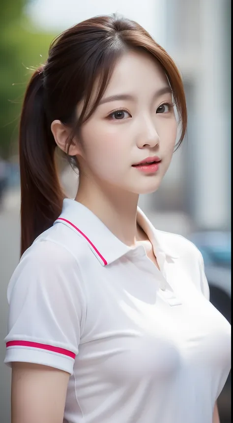 realistic photos of 1 cute Korean star, short ponytail, white skin, thin makeup, 32 inch breasts size, wearing polo shirt, on the cross road, upper body portrait, UHD