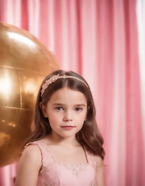 little brunette girl in retro pink dress, pink curtain in the background, golden giant sphere next to it, medium close up, high quality photo