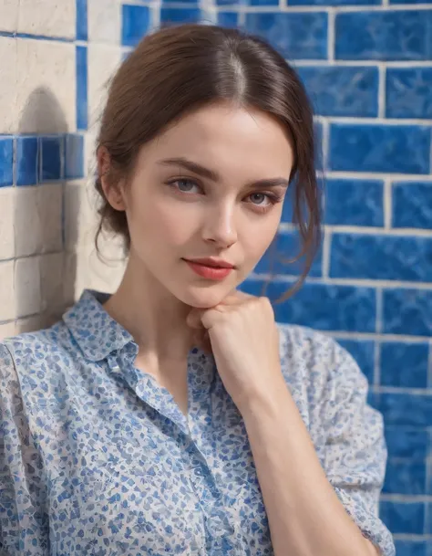 young woman dressed from the 80s, casual mood,  blouse tied in front, leaning against blue tiled wall, sunny day, half length shot, vibrant colors