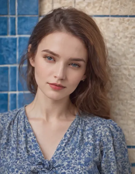 young woman dressed from the 80s, casual mood,  blouse tied in front, leaning against blue tiled wall, sunny day, half length shot, vibrant colors