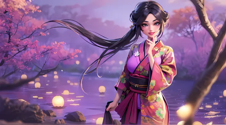 3d animation, (1girl:1.3, solo), (kimono model), (upper body:1.3), (she walks along the dimly lit path of the riverbank.:1.2), (...