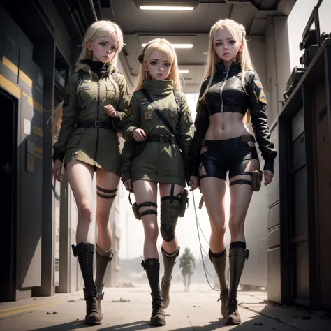 Three Ukrainian girls boarding a fighter plane , Ukrainian anime girls , , Ukraine ,  Full body composition of young girl with messy bright blonde hair, eye make up, 13 year old,  Soft lighting, Solo, Old torn dirty shabby futuristic military uniform, badg...