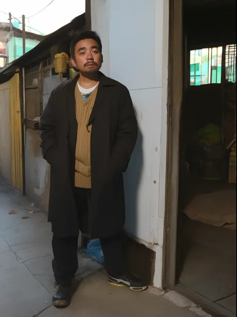 A 30-year-old Asian man，Smoking，hobo。shuge。Street side，favela。full body photo。 tmasterpiece。best qualtiy。