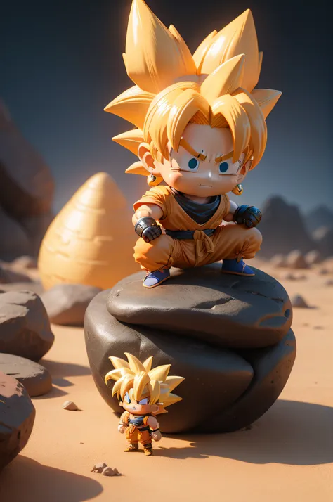 a close up of a toy figure on a rock in the desert, an anime nendoroid of son goku, high quality wallpaper, hd wallpaper, as a funko pop!, funko pop, dragon ball artstyle, super saiyan goku, high quality desktop wallpaper, goku from dragon ball, as a full ...