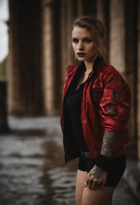 Seductive Punk Gothic Girl, Latex-Jacke, Latex-Shorts, Halskette, nasses, thin tank top, blonden Haar, langer Pony, pigtails, schwarze Lippen, Schmolllippen, Mittlere GRD, athletic body, athletischer durchtrainierter Po, Girls from Europe, viele Tattoos, K...