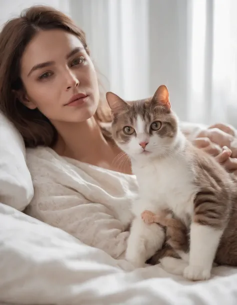 woman dressed in comfortable clothes on her bed with her cat, 80s style, half body shot, high quality photo.