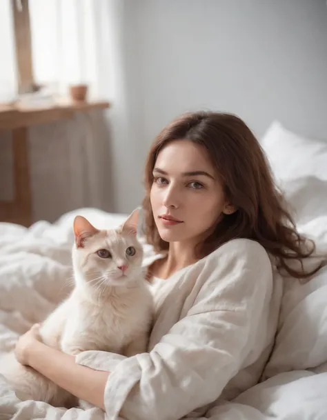 woman dressed in comfortable clothes on her bed with her cat, 80s style, half body shot, high quality photo.