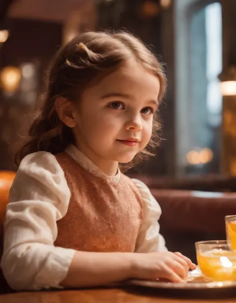 happy little girl in retro restaurant, back lighting, medium shot, high quality photo