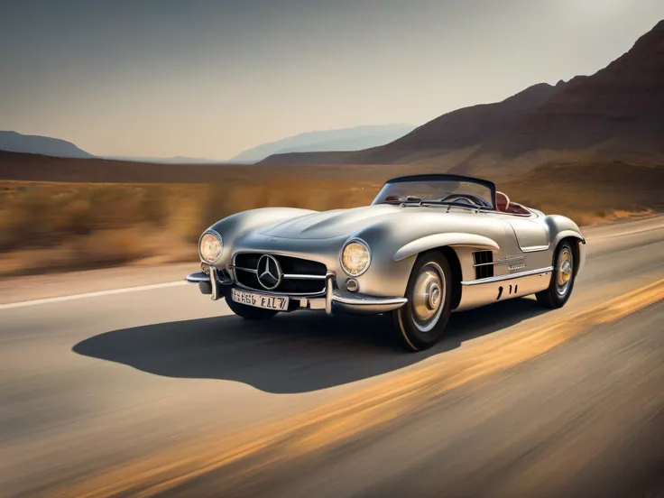 A vintage Mercedes 300SLR hurtles down historic Route 66, leaving behind a trail of dust and nostalgia. The elegant silver body of the classic car shines under the golden rays of the setting sun, Projecting an iconic silhouette against the backdrop of an o...