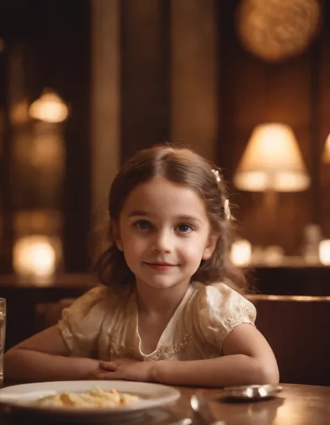 happy little girl in retro restaurant, back lighting, medium shot, high quality photo