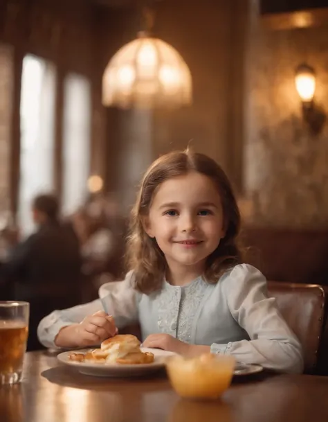 happy little girl in retro restaurant, back lighting, medium shot, high quality photo