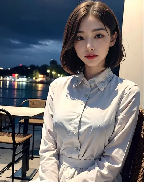 (8k, Best Quality, Masterpiece: 1.2), (Realistic, Photorealistic: 1.37), Super Detailed, 1 Girl, Cute, Alone, Beautiful Detailed Sky, Detailed Cafe, Night, Sitting, Date, ( Nose blush), (smile: 1.15), (close mouth) small breasts, beautiful details, (collar...