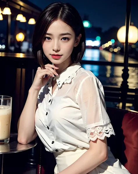 (8k, Best Quality, Masterpiece: 1.2), (Realistic, Photorealistic: 1.37), Super Detailed, 1 Girl, Cute, Alone, Beautiful Detailed Sky, Detailed Cafe, Night, Sitting, Date, ( Nose blush), (smile: 1.15), (close mouth) small breasts, beautiful details, (collar...