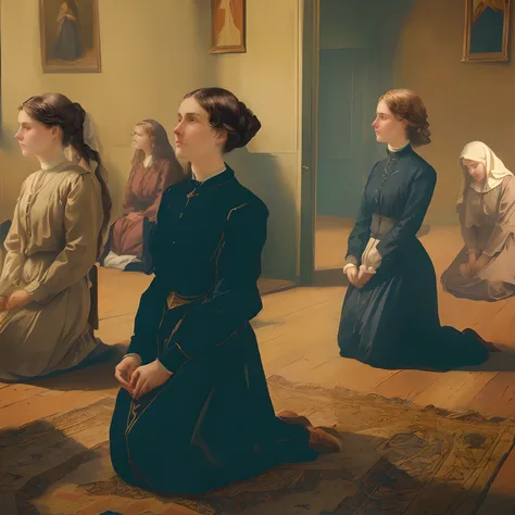 There are many women on their knees in prayer on the floor of a room, photorealistic, Victorian era colors, photorealistic, 1900, imagem realista