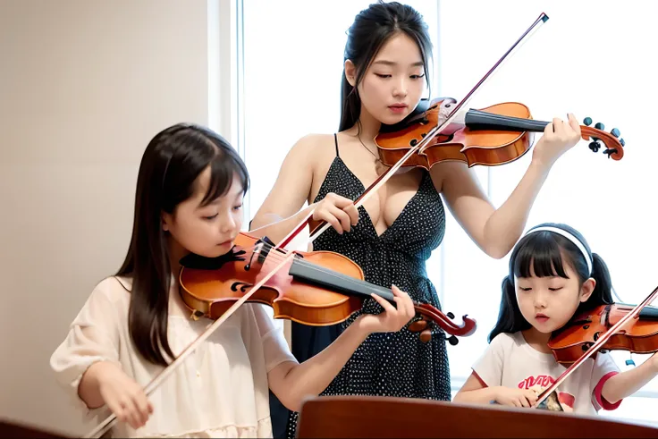 Women and children play violin in the studio with musical equipment, with a child, musician, korean artist, instrument, magazine photograph, kiddy big breasts, advertising photograph, Holding Hopsh, violin, istock, child, kid, Children, Asian people, music...