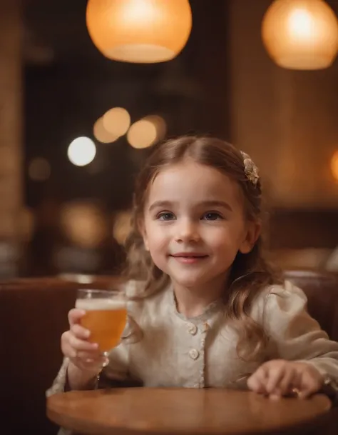 happy little girl in retro restaurant, back lighting, medium shot, high quality photo