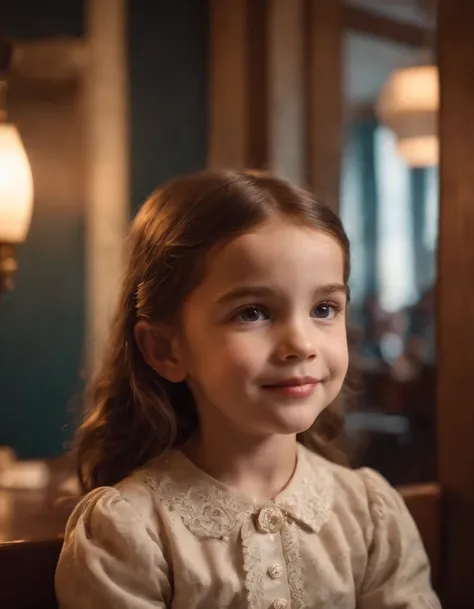 happy little girl in retro restaurant, back lighting, medium shot, high quality photo