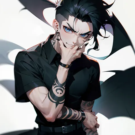 Man in shirt and tie, Male Focus, a belt, Black shirt, The tattoo, Short sleeves , Short hair, Black Short Sleeve Polo Shirt, Green tie, Black pants, punk, Raised eyebrows, Floppy bangs, Spiky back hair, Undercut , Simple black earrings, devil, Bat, Angry ...