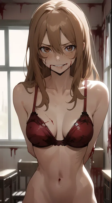 masterpiece, best quality, highres, aoki1, brown eyes, freckles, bra, thong, indoors, evil smile, bloody, (((blood on face, dominant mistress)))