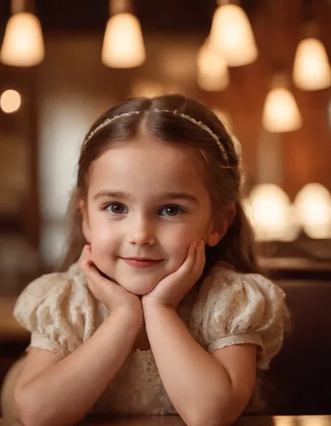 happy little girl in retro restaurant, back lighting, medium shot, high quality photo