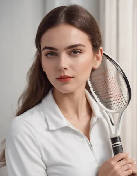 girl in retro sportswear, holds tennis racket, framing close up to racket, natural light, close up shot, background white room, high quality photo.