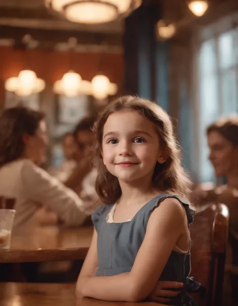 happy little girl in retro restaurant, back lighting, medium shot, high quality photo