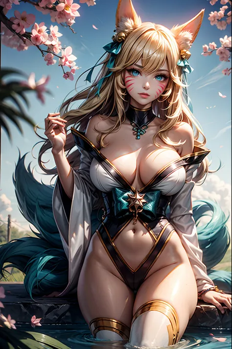 k/da_ahri, 1girl, ahri (league of legends), breasts, animal ears, blonde hair, solo, fox ears, k/da (league of legends), long hair, cleavage, tail, whisker markings, looking at viewer, facial mark, choker, large breasts, bare shoulders, fox tail, jewelry, ...