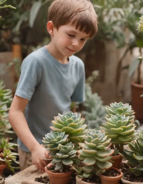 a boy standing by a succulent plant, in the style of smilecore, heatwave, candid, lighthearted --ar 2:3 --v 5