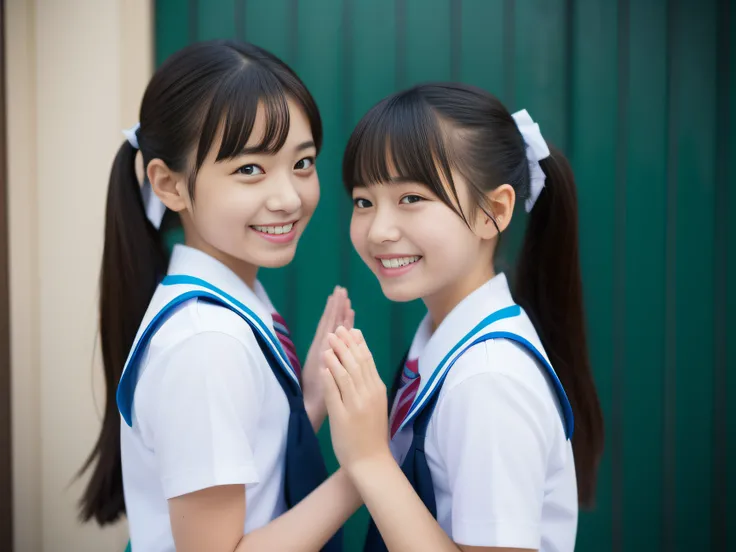 2girl, high five,cooperation,unity,sideshot, School uniform, Smile, Japanese, masutepiece, Best Quality, ultra-detailliert