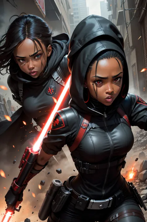 perfect face (masterpiece), best quality, expressive eyes, caramel skinned (brown skin) (black) man in black and red techwear with a white short hair style, with red eyes is weilding a plasma sword (lightsaber sword) and is fighting a hooded woman in all b...