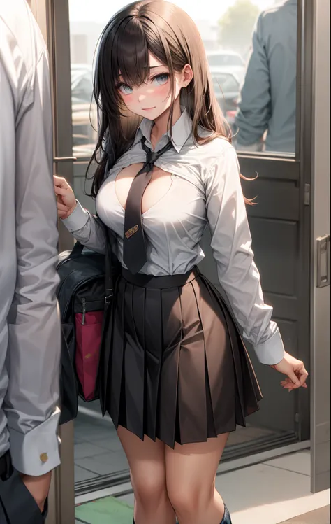 black necktie, long sleeves, pleated skirt, school uniform, shirt, skirt, sleeves rolled up, white shirt, cleavage,