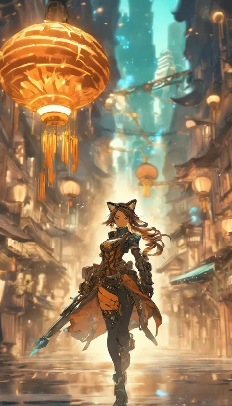 Chinese ink style，Steampunk world，Tiger-shaped steampunk warframe girl，Jet steam is suspended in the city air，Ink animation art，Ink comic art，water ink，ink，Smudge，8K，Delicately portrayed，Works of masters