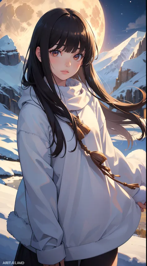 (best quality,ultra-detailed,realistic:1.37), portraits, contemporary, long dark hair, blunt bangs, almond eyes, full lips, 1girl, looking at viewer, upper body, eskimo clothes, blurry background, snowy mountains in background, fullmoon, night